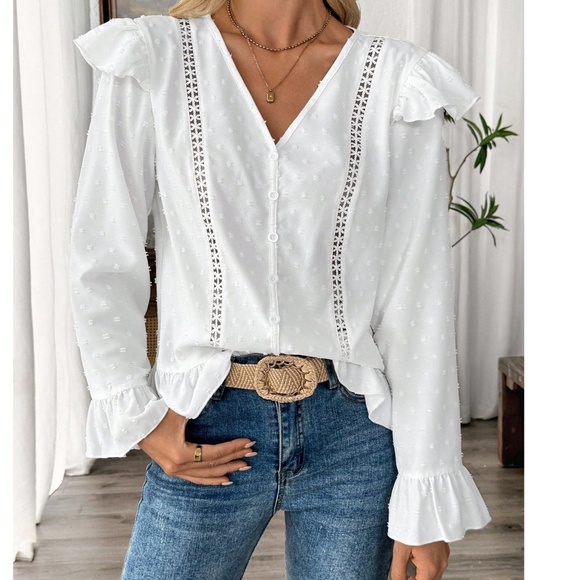 Classic Polka Dot V neck Button Detail Ruffle Hem Long sleeve Blouse - Picture 2 of 4